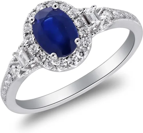 Miniatura 2 de Gin & Grace Anillo de zafiro azul genuino de oro blanco de 14 quilates con diamantes para mujer. Joyas hechas a mano de zafiro con forma de óvalo