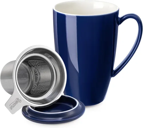 Sweese Taza de té de cerámica de 15oz con infusor y tapa, apta para microondas y lavavajillas, infusor de té de hojas sueltas extra fino, asa Azul