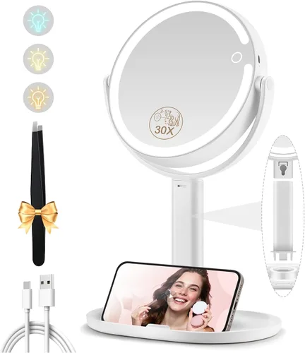 MOMOKUBA Espejo de maquillaje con luces, espejo de aumento de doble cara 1x/30x con luz, recargable de 3 luces de color y brillo ajustable, rotación