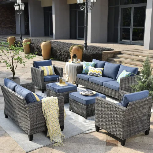 Miniatura 21 de ovios Juego de muebles de patio de 6 piezas, sillas giratorias de mimbre para exteriores con mesa para fogatas de 30 pulgadas, juego de mecedoras