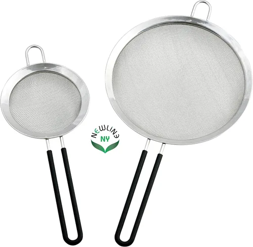 Coladores de malla fina de acero inoxidable doble de alta calidad con mango recubierto de silicona antideslizante suave al tacto, juego de 2 piezas