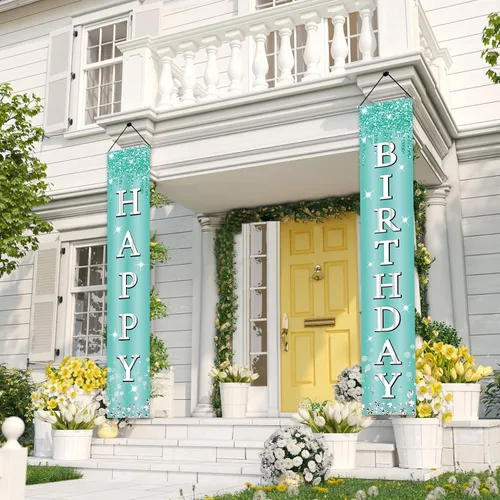 Miniatura 5 de Cartel de feliz cumpleaños de color verde azulado plateado para niñas y mujeres, letrero de porche azul desayuno, suministros de fiesta, 10, 13, 16