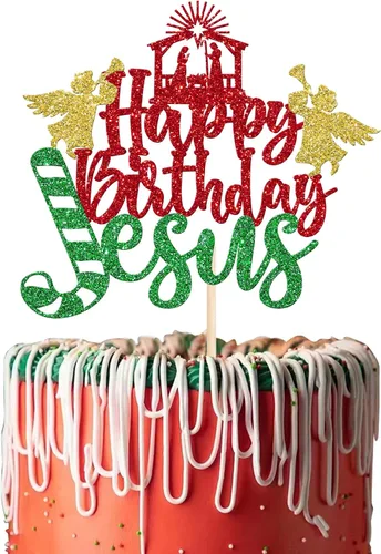 Miniatura 19 de Rsstarxi 1 Paquete Decoración para Pastel Feliz Cumpleaños Jesús con Purpurina Natividad Navidad Palillo para Pastel Decoraciones de Pastel