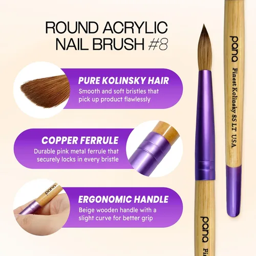 Miniatura 3 de PANA Pure Kolinsky Cepillo de uñas acrílico con mango de madera - forma redonda Púrpura