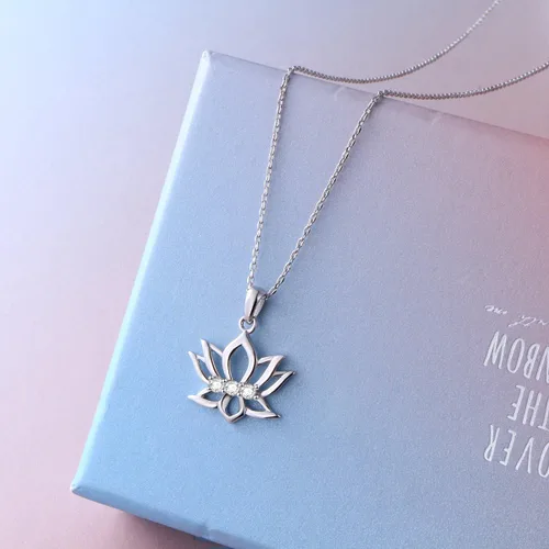 Miniatura 3 de Collar con colgante de flor de loto de plata de ley 925 con diseño inspirador de circonita cúbica para mujeres y niñas, regalo de yoga, 16 pulgadas