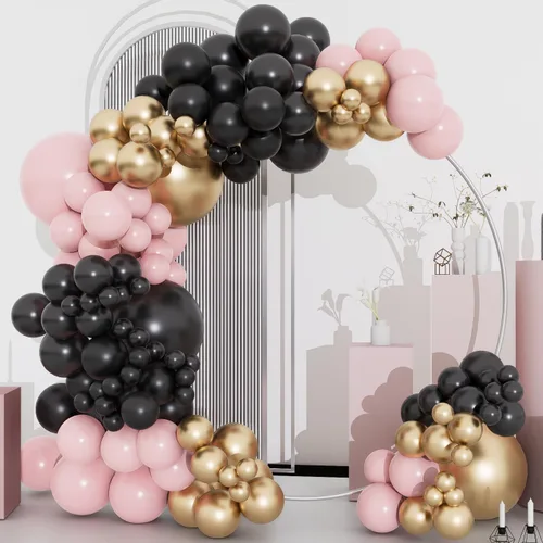Kit de arco de globos de color negro, rosa y dorado, 134 piezas de 18/12/10/5 pulgadas, guirnalda de globos dorados de chorme negro pastel rosa para