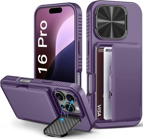 Miniatura 50 de BXYJY Funda tipo cartera para iPhone 15 Pro con tarjetero (4-5 tarjetas) y cubierta deslizante para cámara y soporte, protección contra caídas