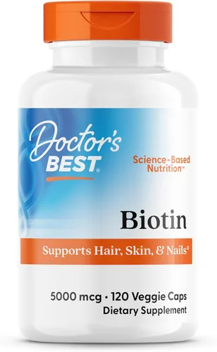 Doctor's Best Suplemento vitamínico de biotina de 5000 mcg para hombres y mujeres, cápsulas de biotina para el crecimiento del cabello, piel y uñas,