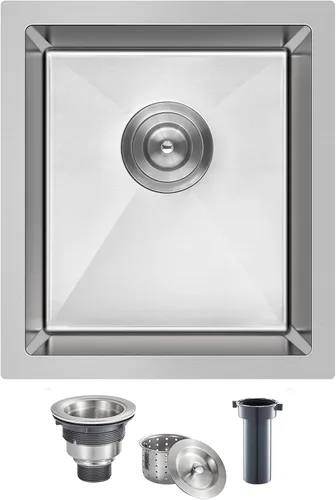 Miniatura 9 de Fregadero de cocina empotrado de 15 x 15 pulgadas, fregadero de barra de cocina de acero inoxidable T-304 hecho a mano de cuenco único o pequeño