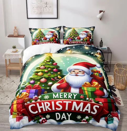 Miniatura 12 de Herside Juego de funda de edredón de Navidad, tamaño Queen, colorido patrón navideño impreso, bonita decoración navideña, microfibra suave, funda