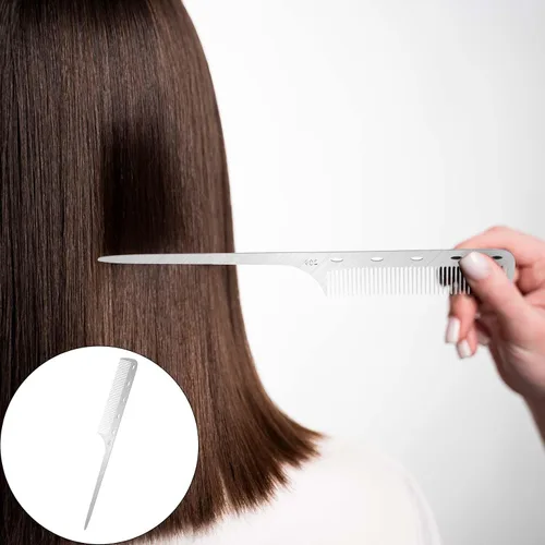 Miniatura 4 de Peine de cola de rata de metal con púa de metal, peines de pelo de acero inoxidable, parte superior plana, peines de corte fino, peine de peluquero