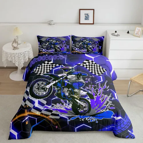 Erosebridal Juego de edredón individual de motocicleta de carreras para niños, juego de ropa de cama de panal con luces de neón azules, motocross,