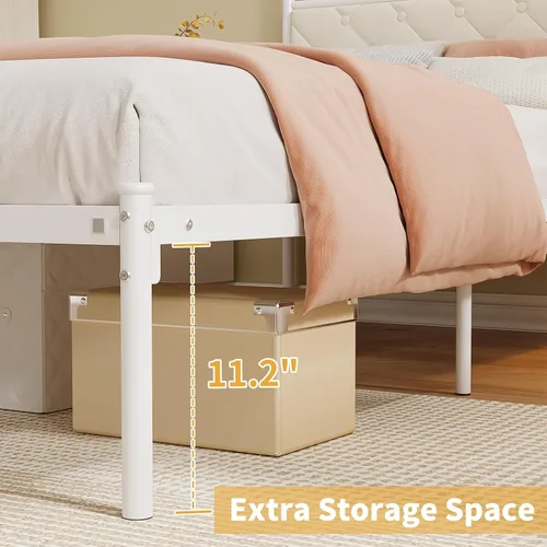 Miniatura 6 de Elephance Base de cama individual con cabecero tapizado, plataforma de metal con espacio de almacenamiento de 11.2 pulgadas, con botón capitoné,