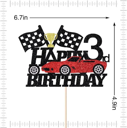 Miniatura 2 de Decoración de pastel de auto de carreras de 3 años, decoración de pastel de feliz tercer cumpleaños, auto de carreras, bandera a cuadros, rueda