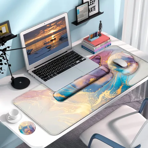Miniatura 7 de Alfombrilla para mouse + alfombrilla de escritorio + reposamuñecas para teclado + posavasos 4 en 1, bonita alfombrilla de mouse ergonómica grande E3