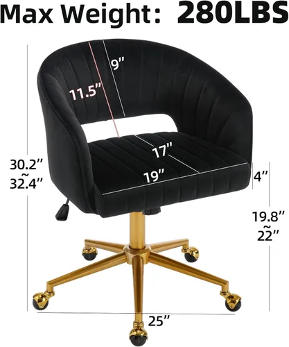 Miniatura 3 de Sillas de escritorio para oficina en casa Westice, silla rodante moderna de terciopelo, silla de tocador giratoria con base dorada y altura Negro