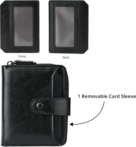 Miniatura 4 de Billetera pequeña para mujer con bloqueo RFID, cierre de cuero, bolsillo para monedas, tarjetero, con ventana de identificación, Negro