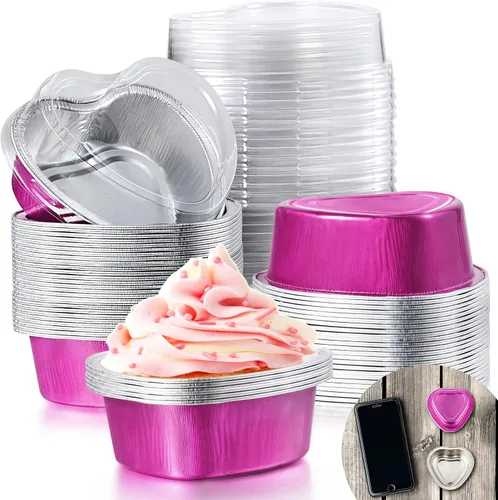 Miniatura 4 de Patelai 80 juegos de moldes para pasteles en forma de corazón con tapas, mini sartén de papel de aluminio de 1.9 fl oz/1.86 onzas líquidas/1.86