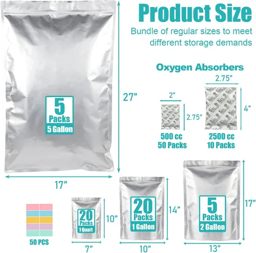 Miniatura 2 de 50 bolsas de Mylar para almacenamiento de alimentos con absorbentes de oxígeno, bolsas de Mylar extra gruesas de 15 mil, juego de 4 tamaños