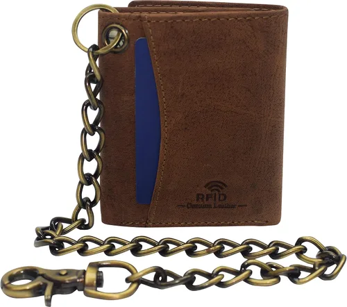 Miniatura 5 de Billetera de cuero vintage con bloqueo RFID para hombre, con cierre a presión, Beige Bronceado, Cartera Biker