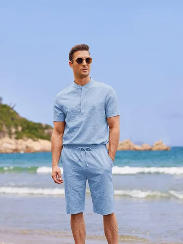 Miniatura 2 de COOFANDY Conjunto de lino de 2 piezas para hombre camisas casuales Henley de manga corta pantalones cortos de yoga para playa trajes de verano