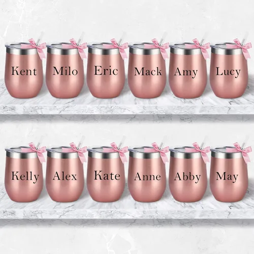 Miniatura 2 de Paquete de 12 vasos de vino de acero inoxidable, 12 onzas, doble pared, aislados al vacío, con tapas y pajitas, copas de vino sin tallo de acero Oro