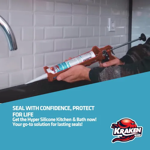 Miniatura 5 de Kraken Bond Sellador de calafateo Hyper Clear (1 x 10.1 onzas líquidas) de curado rápido, 100% silicona neutra para cocina y baño, bañera, ducha