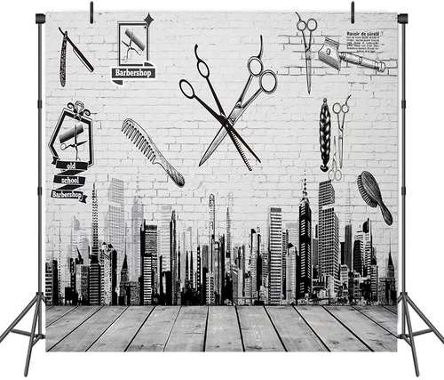 Miniatura 6 de Herramientas de barbería telón de fondo, peine de corte de pelo, edificios de gran altura, pintura de pared, madera de piso, pancarta de mesa