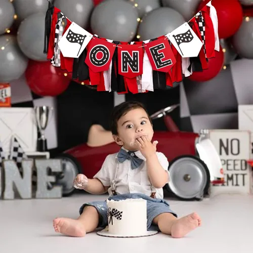 Miniatura 5 de Cartel para silla alta de Racing Car One, decoración de fiesta de primer cumpleaños para bebé, decoración rápida de fiesta de cumpleaños rojo