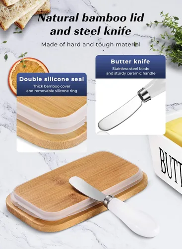 Miniatura 5 de Mantequillera con tapa: recipiente grande para mantequilla para encimera, soporte de mantequilla de cerámica para mostrador, bandeja de mantequilla