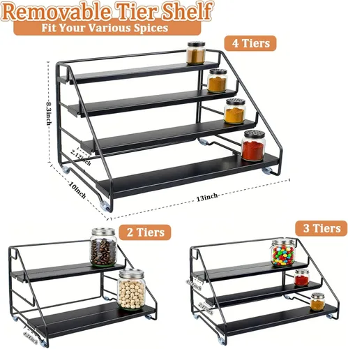 Miniatura 3 de Organizador de especias de 4 niveles para gabinete, organizador de condimentos ajustable con niveles antideslizantes, estante de especias de metal