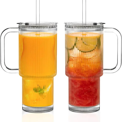 Miniatura 11 de KEMORELA Paquete de 2 vasos de vidrio acanalado de 26 onzas con asa y tapa, grandes tazas de café helado estéticas con pajitas, tazas de vidrio