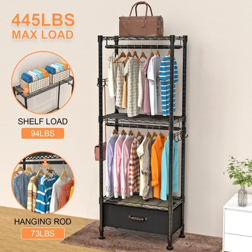 Miniatura 3 de VyGrow Perchero de Ropa, Perchero de Ropa para Colgar Ropa, Sistema Organizador de Armario Ajustable de 4 Niveles con Cajón Varillas Dobles