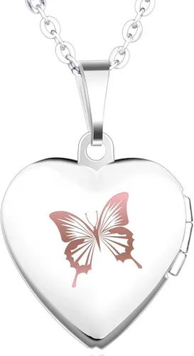 Infinite U grabado mariposa corazón abierto foto medallón colgante de acero inoxidable para niñas y mujeres (permite grabar tus propias palabras)
