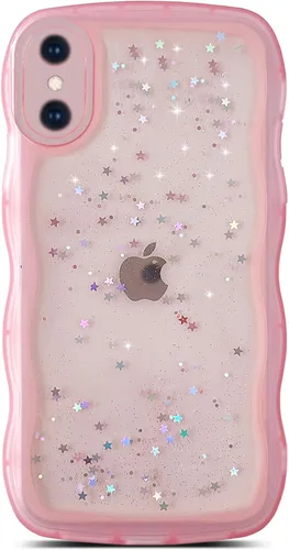 Miniatura 49 de Qokey Funda para iPhone 12 Pro Max de 6.7 pulgadas, diseño de onda rizada, borde transparente, brillante con purpurina, estrella brillante, bonita