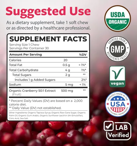 Miniatura 6 de PURE CO Certified Organic Cranberry Chews - Super 50X Potency Organic Cranberry Supplement for Women to Support Urinary Tract & Bladder Health
