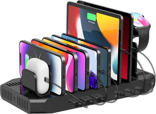 Miniatura 10 de Unitek Estación de carga múltiple, cargador USB de 10 puertos para múltiples dispositivos con tecnología SmartIC y divisores ajustables, soporte