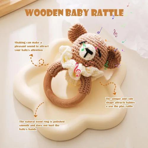 Miniatura 3 de Sonajero de madera para bebés,Sonajero de oso de ganchillo con anillo de madera, Juguete de sonajero de animales de madera recién nacidos,Juguetes