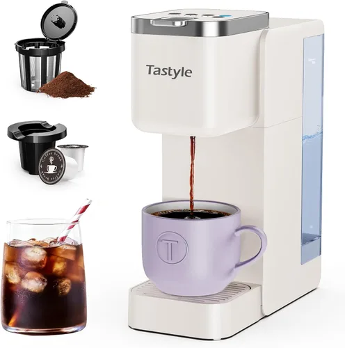 Tastyle Cafetera de Una Sola Porción, Máquina de Café Helado y Caliente para Cápsulas K y Café Molido, Diseño Compacto, Depósito de Agua Extraíble