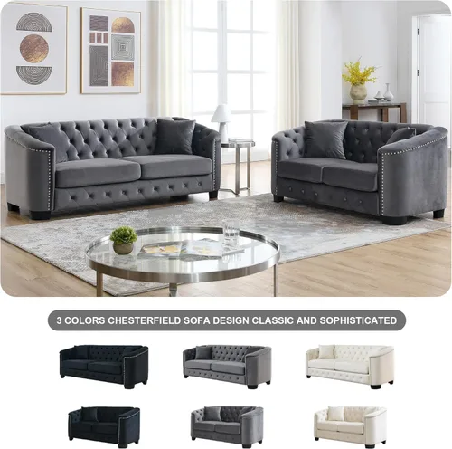 Miniatura 5 de Juego de 2 sofás modernos de terciopelo Chesterfield de 77" para 3 plazas + 59" loveseat, tapizados con respaldos capitoné con brazos de tachuelas