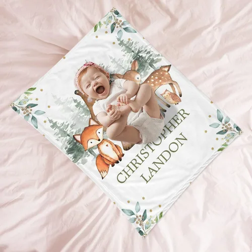 Miniatura 4 de Manta de bebé personalizada de animales del bosque para niños y niñas, manta de bebé personalizada con nombre Adventure Awaits Stuff recién nacido
