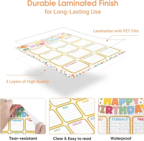 Miniatura 4 de FaCraft Classroom Birthday Chart Poster - Reusable Laminated Boho Confetti Happy Birthday Calendar Class Bulletin Board Decorations Wall Decor
