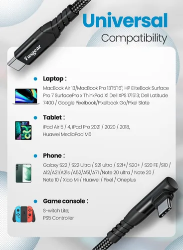 Miniatura 5 de Fasgear Cable USB C a USB C, paquete de 3 cargadores USB 2.0 tipo C de 60 W, carga rápida, trenzado en ángulo recto, compatible con Galaxy S22 S21
