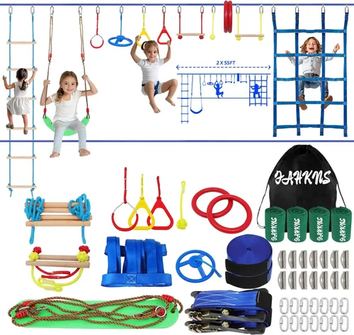 Miniatura 6 de Carrera de obstáculos Ninja Warrior para niños, línea floja duradera de 65 pies con 13 obstáculos, barras de mono, entrenadores de brazos y más