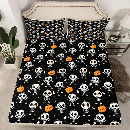 Miniatura 3 de Juego de sábanas de microfibra suave con diseño de calavera de Halloween, diseño de esqueleto gótico, fantasma, sábana bajera ajustable rústica