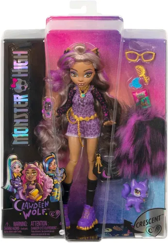 Miniatura 6 de Muñeca Monster High, Clawdeen Wolf con cabello con rayas púrpuras en su look característico con accesorios de moda y mascota perruna Crescent