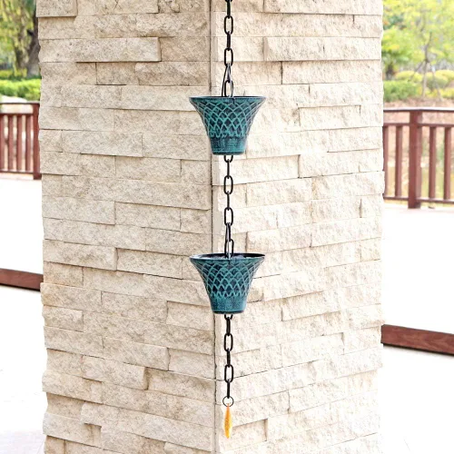 Miniatura 5 de Cadenas de lluvia para canaletas exteriores, atrapadores de lluvia, desviador de metal azul a cuadros decorativos para exteriores, 8.5 pies