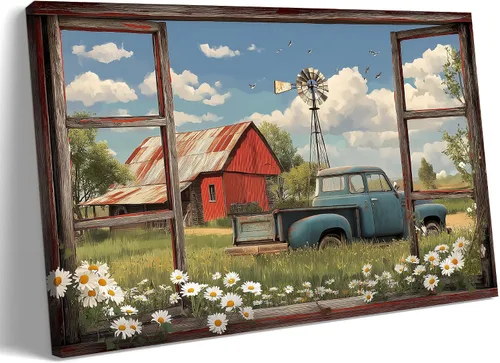 Miniatura 25 de Decoración rústica de granja en lienzo con ventana abierta, impresiones artísticas para pared, pintura de camión viejo, lienzo de granero y bandera