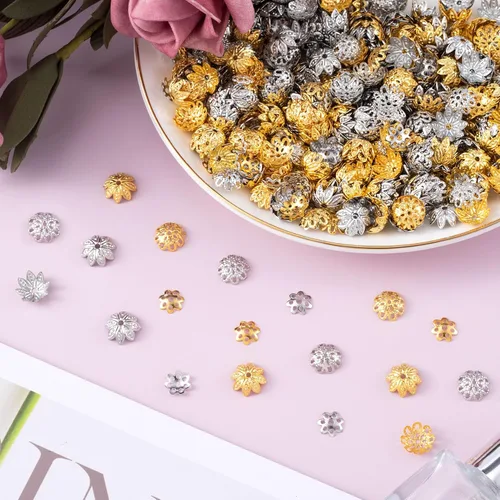 Miniatura 7 de HINZIC 600 cuentas de flores huecas de 0.315 y 0.394 pulgadas, 6 estilos de cuentas de filigrana para hacer joyas, cuentas espaciadoras doradas
