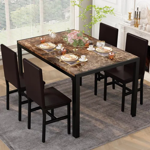 DKLGG Juego de 4 sillas de mesa de comedor para 4, juego de 4 sillas de mesa de comedor de 5 piezas, juego de mesa de comedor de mármol sintético